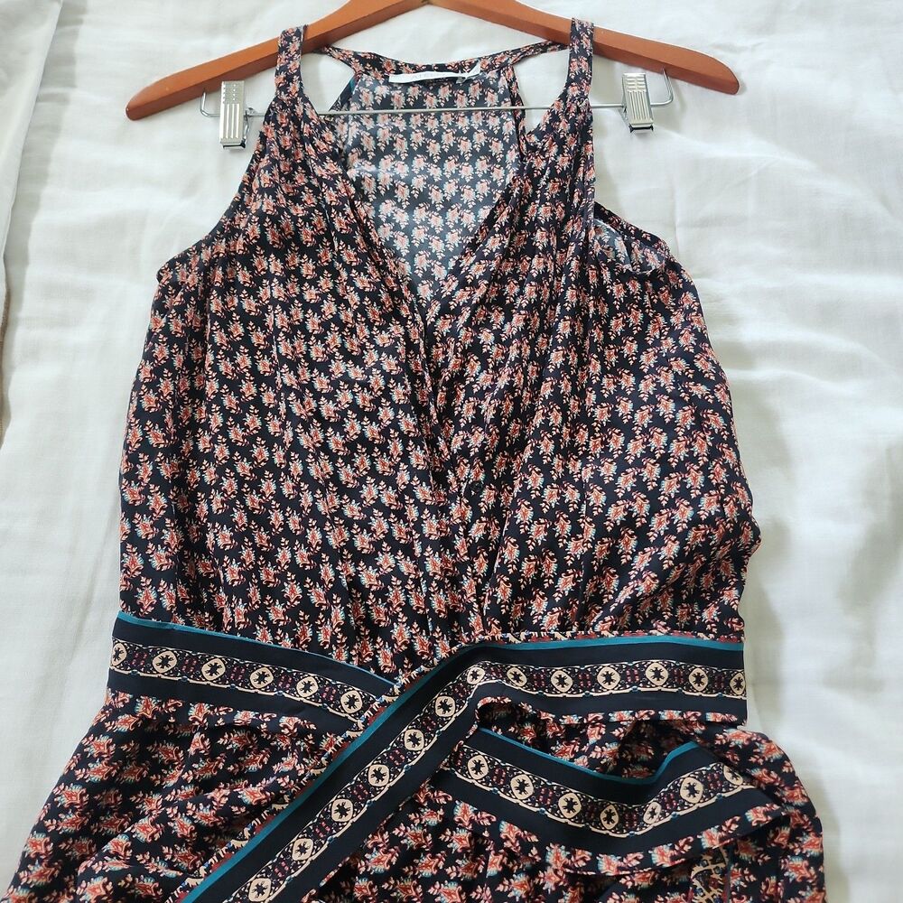 ATEEN 100% Silk Jumpsuit Size 40 US 6 Sleeveless Navy Floral Wide Leg Pants
